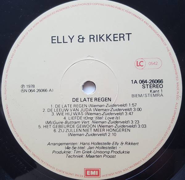 Elly and Rikkert De Late Regen : LP Label A